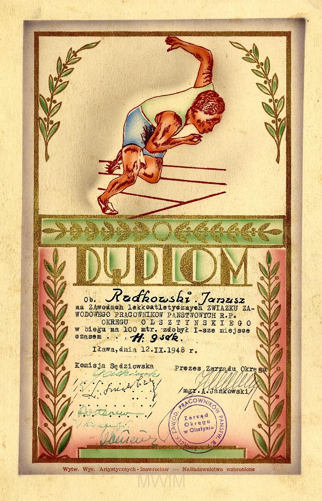 KKE 3241.jpg - Dyplom, Jana Rutkowskiego za I m. 100m, Iława, 1948 r.